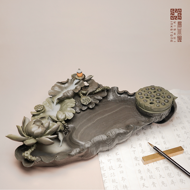 易水硯 倒流香《荷韻硯香》精品天然老坑原石手工雕刻倒流香擺件石質香臺香座香托香插蓮藕荷葉主題